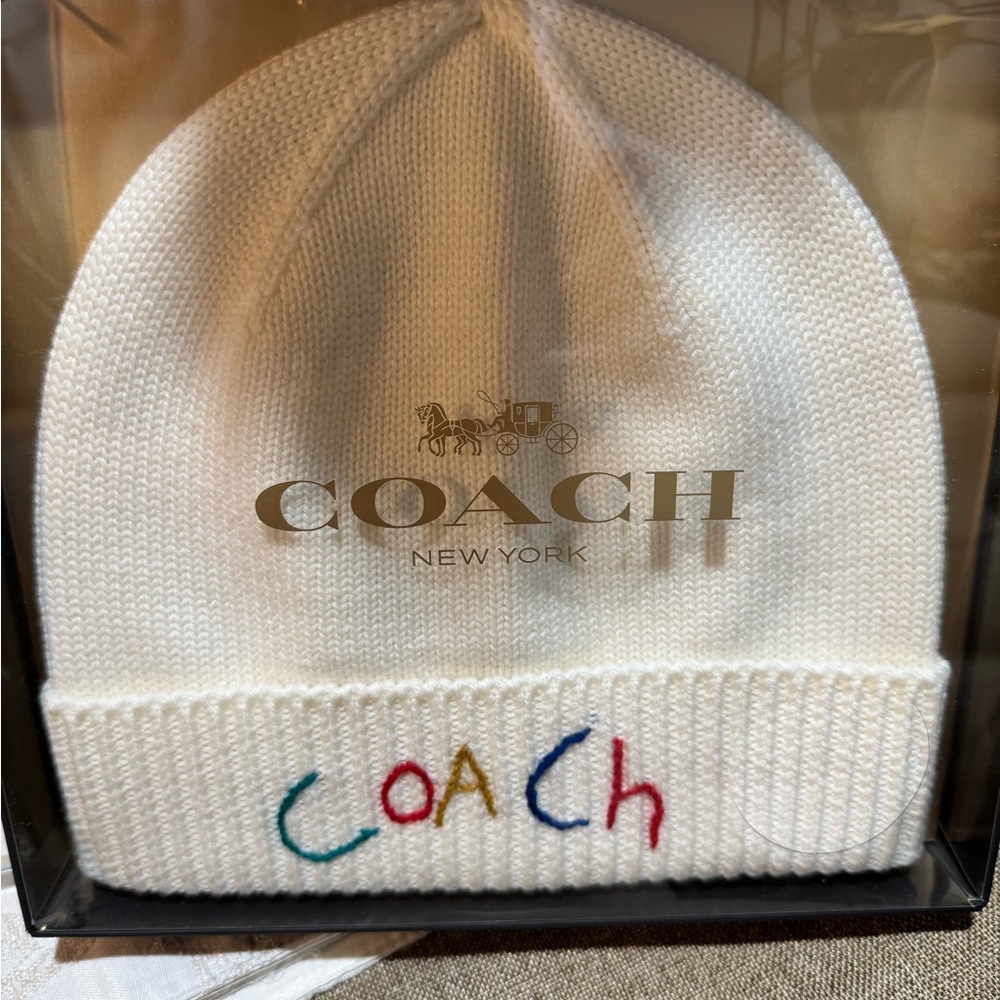 COACH Merino Wool Embroidered Rib Trim beanie.